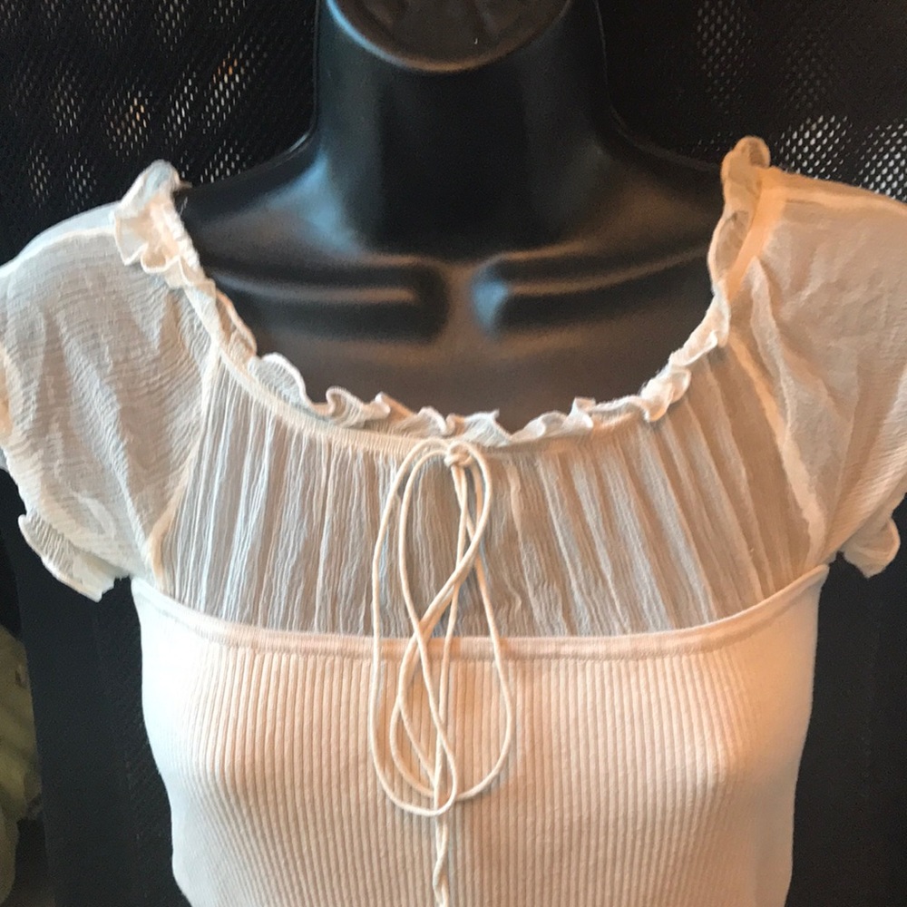TRACY M Short Sheer Cap Sleeve Cream Knit Top Sz.M - Picture 2 of 8